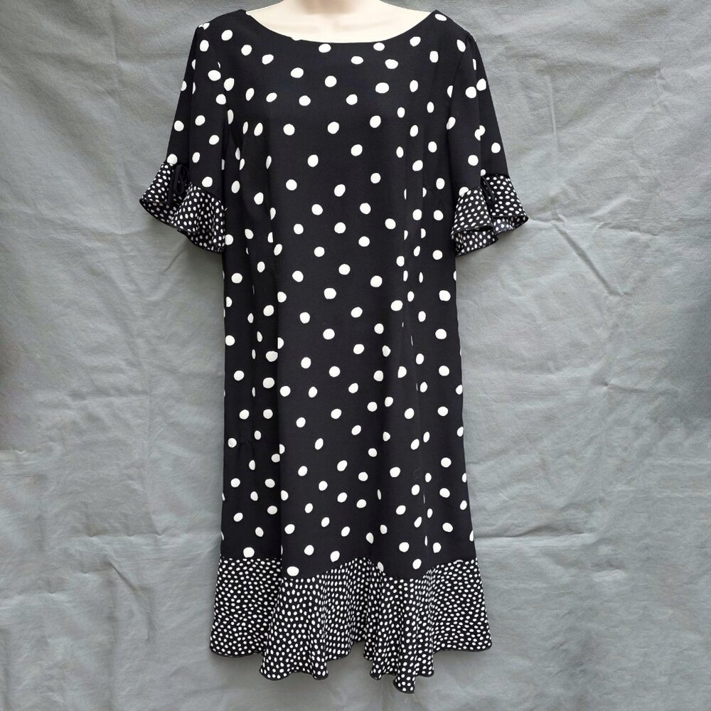 Talbots Size 10 Black White Crpe Polkadot Flounce Dress Fun Cute Whimsical